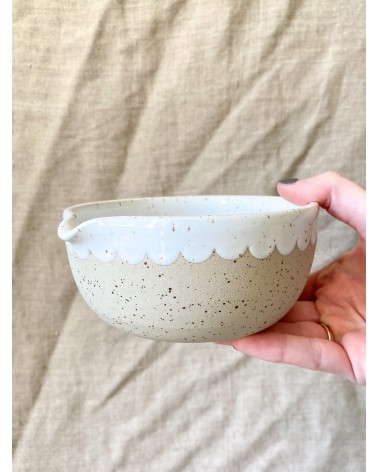 Speckled Ceramic Matcha Bowl With Spout, Pink and White, Matcha