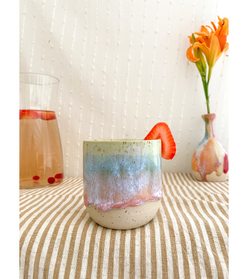 Handmade artisanal ceramic rainbow beach cup