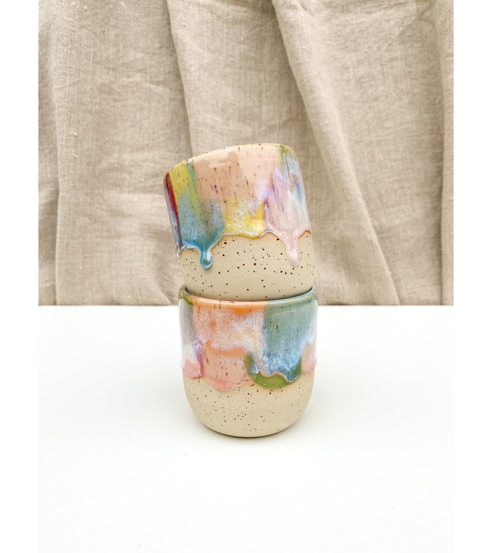 Handmade artisanal ceramic rainbow beach cup