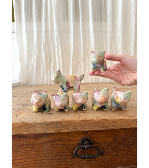 Handmade artisanal ceramic rainbow cat lucky charm