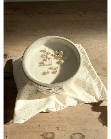 Soy wax elderflower vanilla candle in handmade ceramic pot
