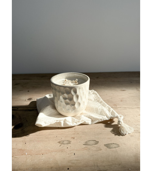 Soy wax elderflower vanilla candle in handmade ceramic pot